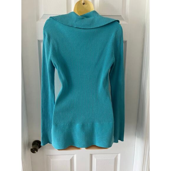Cache- Cyan Blue Ribbed Knit Pullover Sweater Rhinestones Size Large - Picture 2 of 9